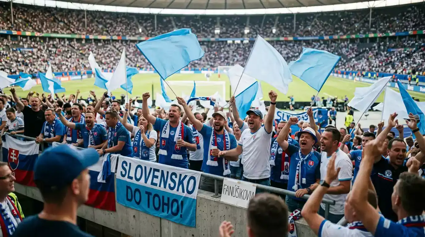 Futbaloví fanúšikovia v hľadisku mávajú vlajkami počas zápasu MS 2026