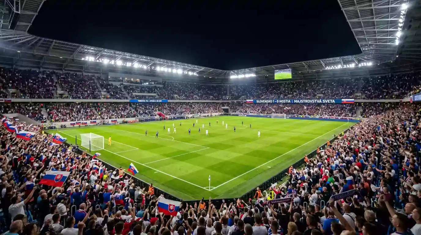 Pohľad na zaplnený futbalový štadión s divákmi počas večerného zápasu MS 2026