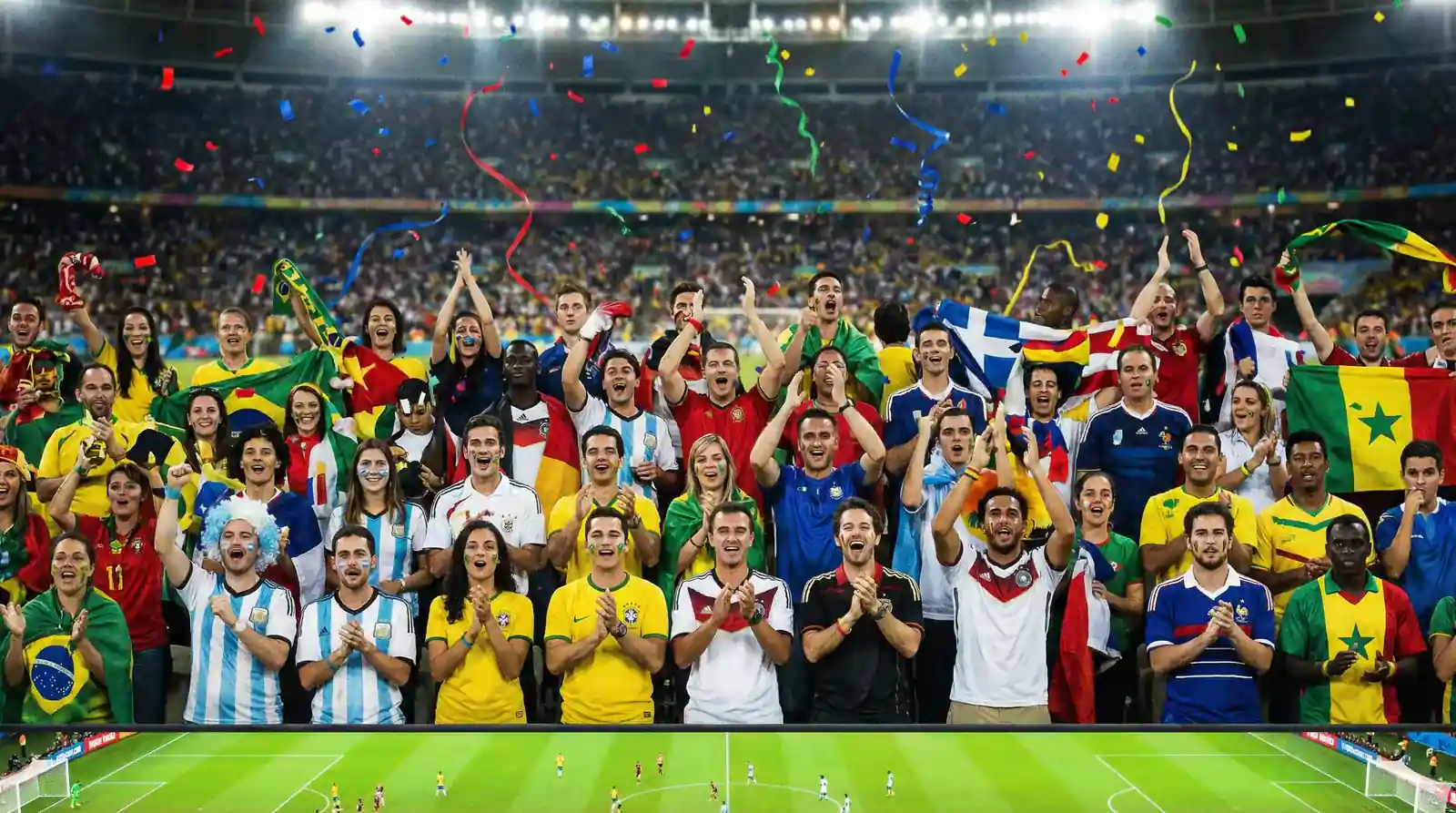 Nadšení futbaloví fanúšikovia na tribúne štadióna mávajú vlajkami počas zápasu MS