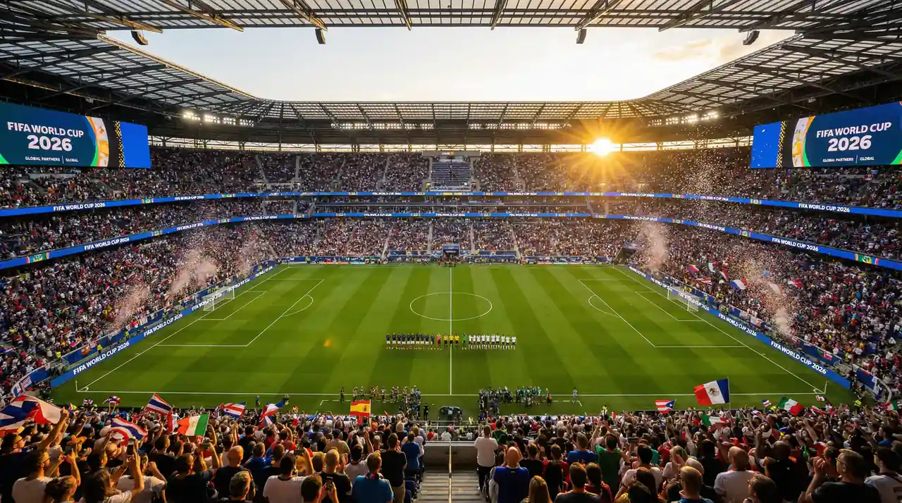 Pohľad na moderný futbalový štadión pripravený na zápas MS 2026 s plnými tribúnami