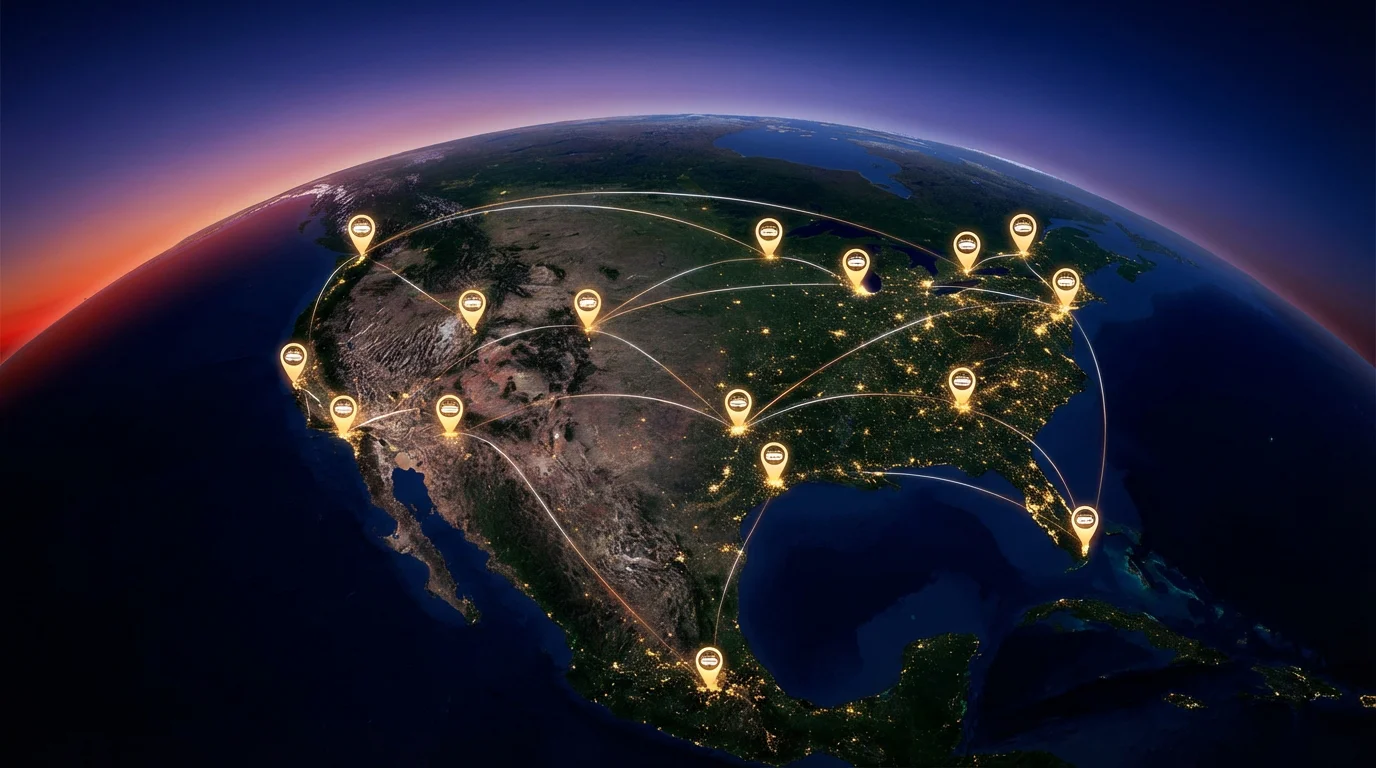 Mapa 16 štadiónov MS 2026 v USA, Mexiku a Kanade s vyznačenými kapacitami