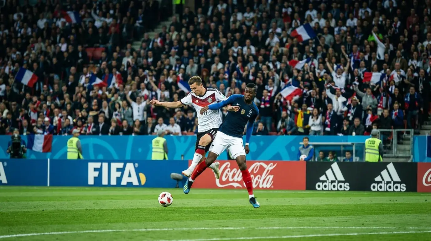 Futbalové ihrisko počas skupinového zápasu MS s dvoma tímami v akcii pred zaplnenými tribúnami