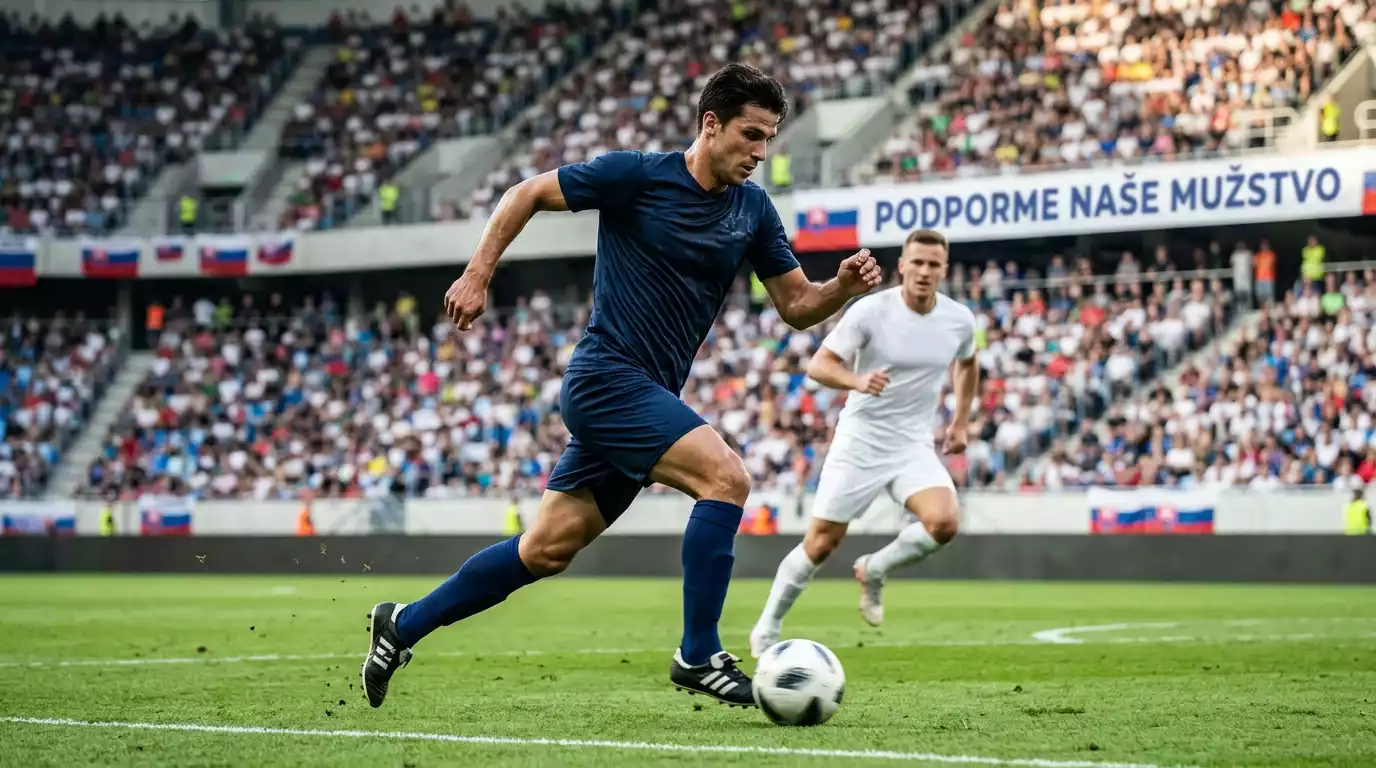 Futbalista v tmavomodrom drese vedie loptu počas zápasu MS 2026