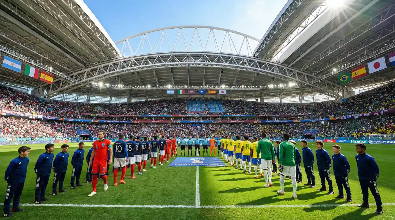 Futbalisti z rôznych reprezentácií nastúpení na trávniku pred skupinovým zápasom na MS 2026